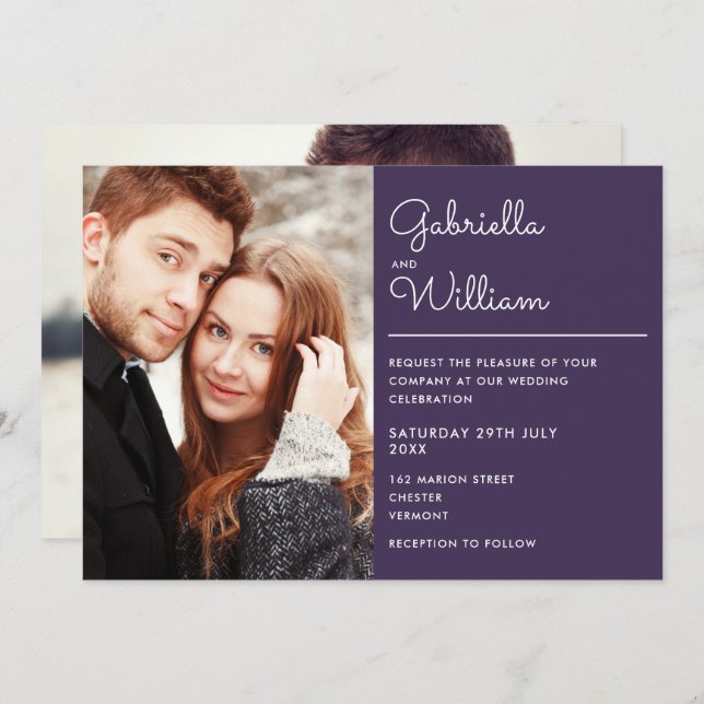 Modern Elegant Script Purple 2 Photo Wedding Invitation (Front/Back)