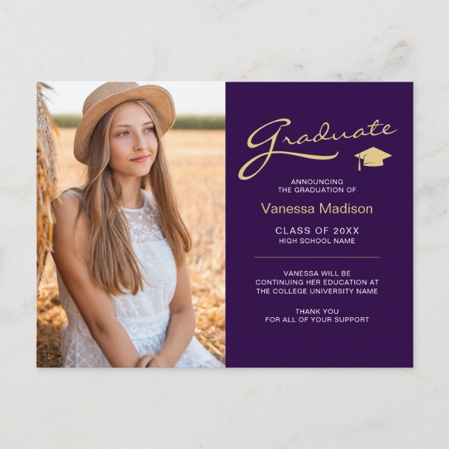 Modern Elegant Script Purple & Gold | 2 Photo Grad Postcard (Front)