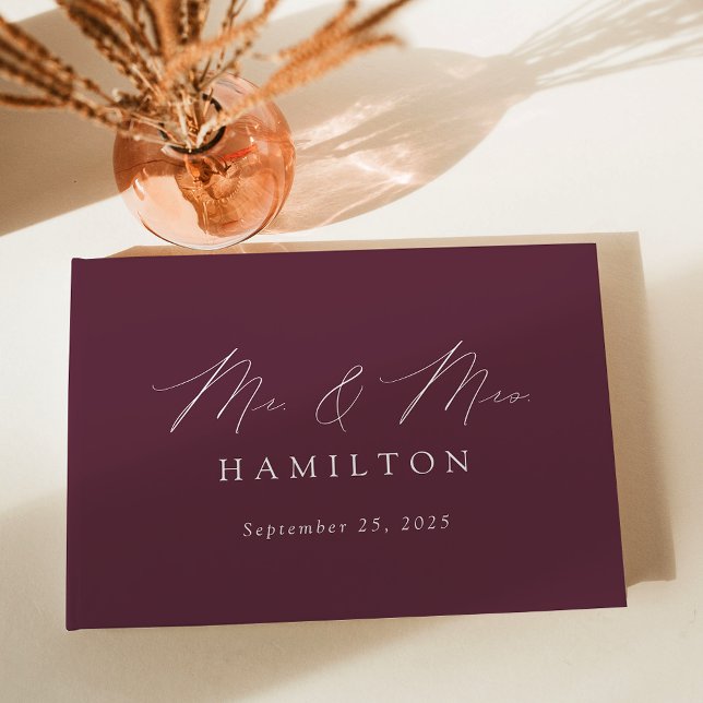 Modern Elegant Script Purple Photo Wedding Guest Book (Creator Uploaded)