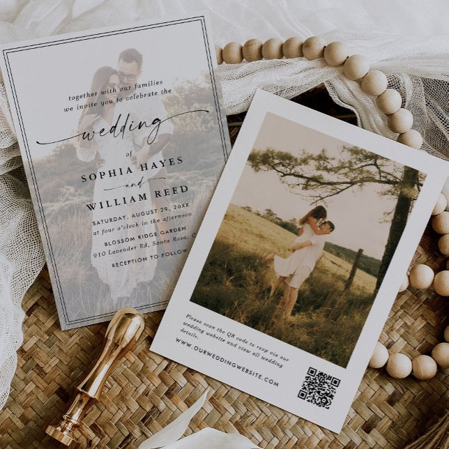 Modern Elegant Script QR Code Photo Budget Wedding Invitation (Creator Uploaded)