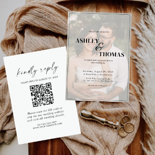 Modern Elegant Script QR Code Photo RSVP wedding Invitation