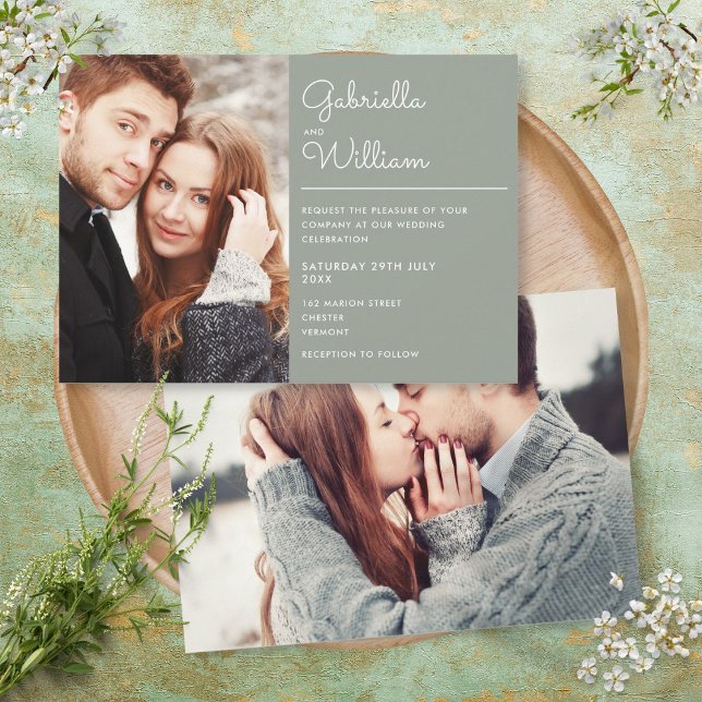 Modern Elegant Script Sage Green 2 Photo Wedding Invitation (Creator Uploaded)
