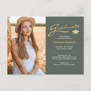 Modern Elegant Script Sage Green Gold 2 Photo Grad Postcard