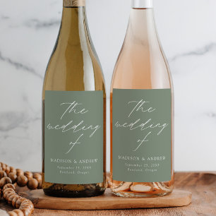 Modern Elegant Script Sage Green Wedding Wine Label
