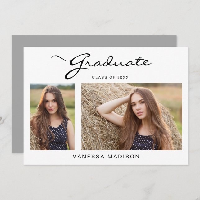 Modern Elegant Script Simple | 2 Photo Graduation Announcement (Front/Back)
