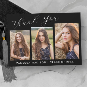 Modern Elegant Script Simple   3 Photo Graduation  Thank You Card