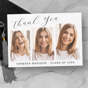 Modern Elegant Script Simple   3 Photo Graduation Thank You Card