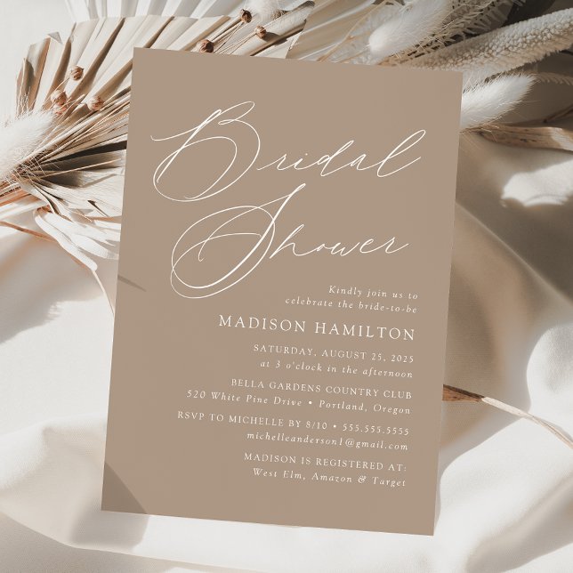 Modern Elegant Script Taupe Bridal Shower Invitation (Creator Uploaded)