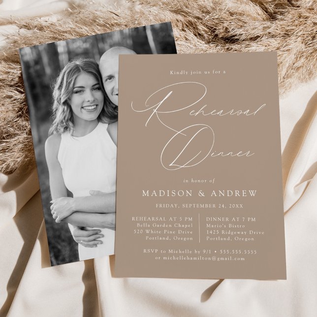Modern Elegant Script Taupe Photo Rehearsal Dinner Invitation (Creator Uploaded)