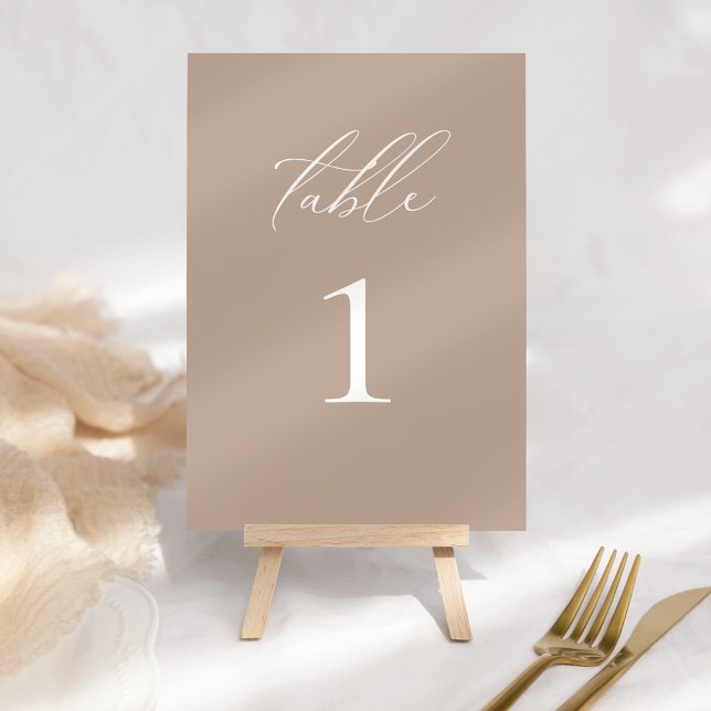 Modern Elegant Script Taupe Wedding Table Number (Creator Uploaded)