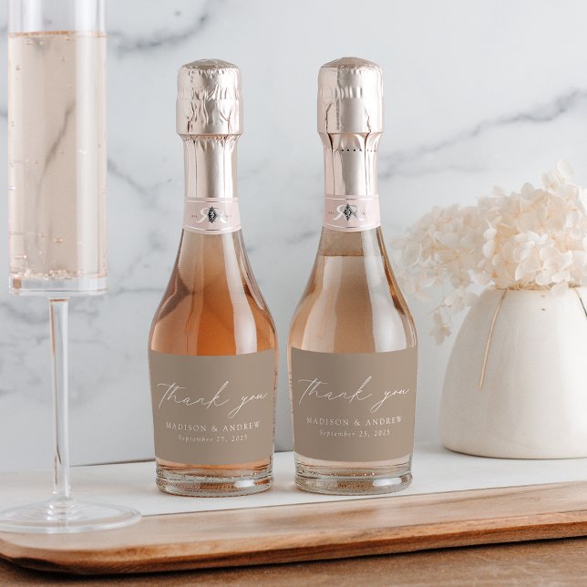 Modern Elegant Script Taupe Wedding Thank You Sparkling Wine Label (Creator Uploaded)