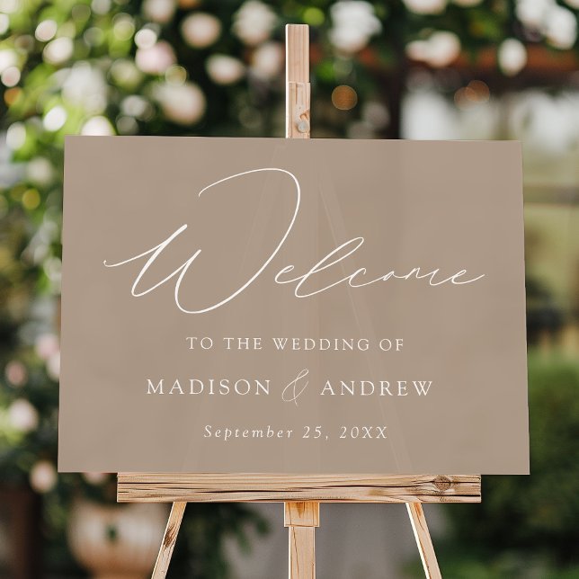 Modern Elegant Script Taupe Wedding Welcome Acrylic Sign (Creator Uploaded)