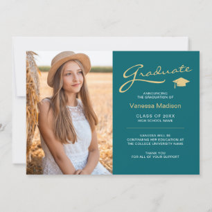Modern Elegant Script Teal & Gold 2 Photo Grad Announcement