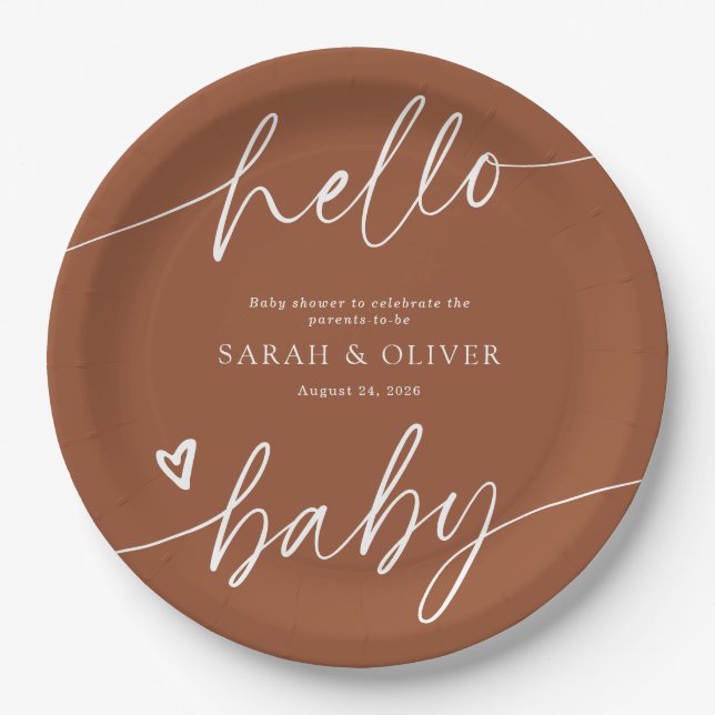 Modern Elegant Script Terracotta Baby Shower Paper Plate (Front)