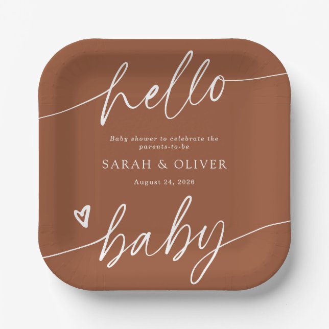 Modern Elegant Script Terracotta Baby Shower Paper Plate (Front)