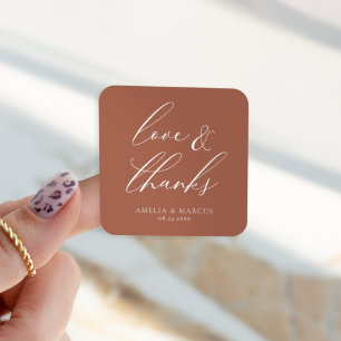 Modern Elegant Script Terracotta Love & Thanks Square Sticker