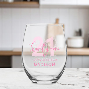 Modern Elegant Script Twenty One 21st Birthday Stemless Wine Glass