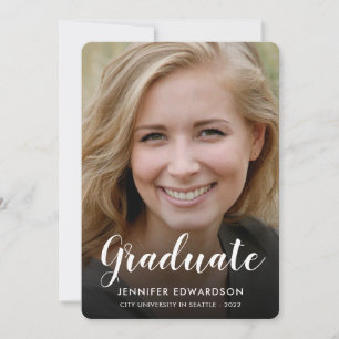 Modern elegant script two photos graduation announcement