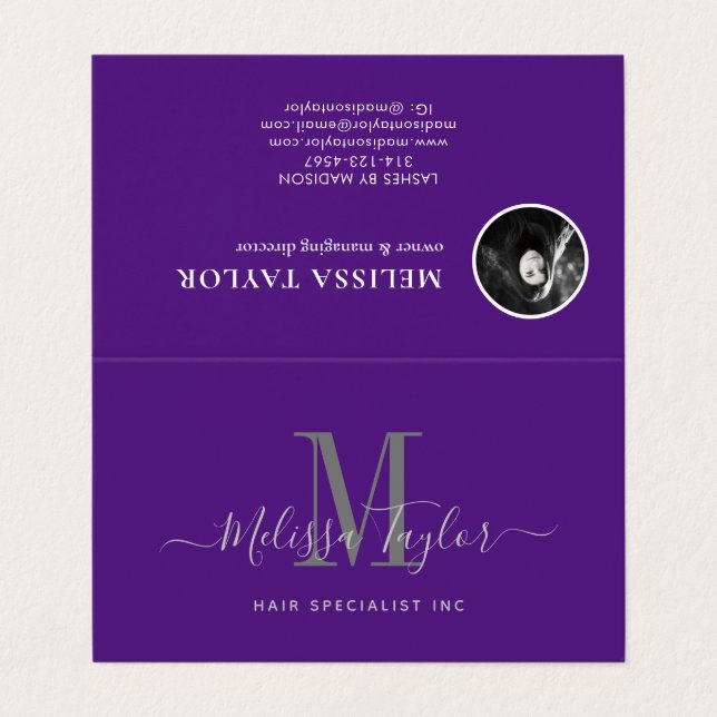 Modern Elegant Script Violet Folded Business Card (Outside Unfolded)
