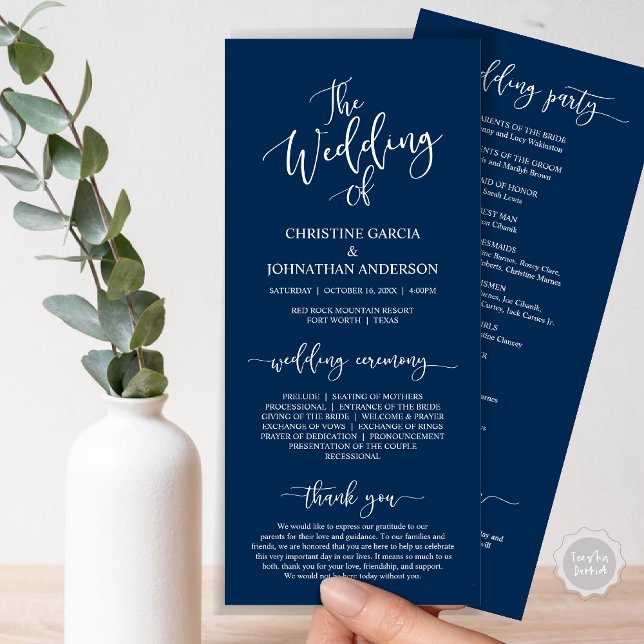 Modern Elegant Script, Wedding Ceremony Programme (Wedding Program Ceremony Card, Modern Romantic Script, Navy Blue)