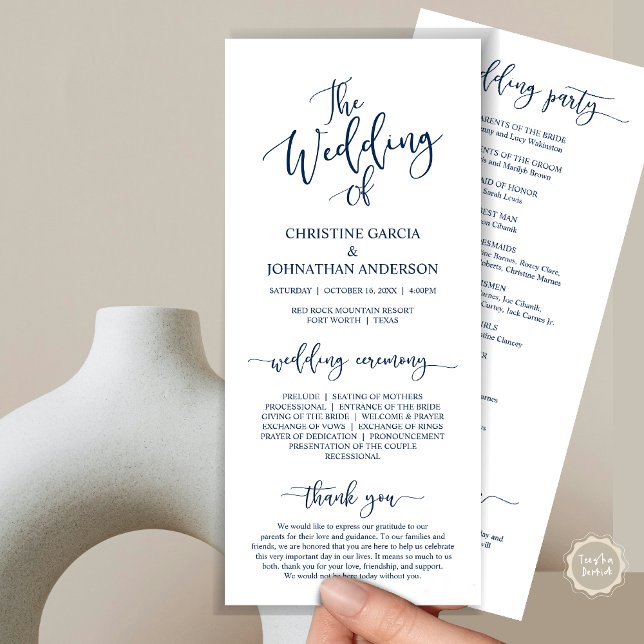 Modern Elegant Script, Wedding Ceremony Programme (Wedding Program Ceremony Card, Modern Romantic Script, Navy Blue)