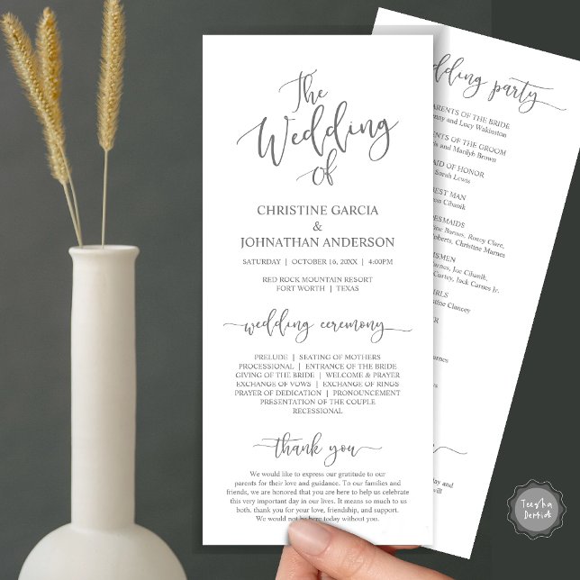 Modern Elegant Script, Wedding Ceremony Programme (Wedding Program Ceremony Card, Modern Romantic Script, Dark Grey)