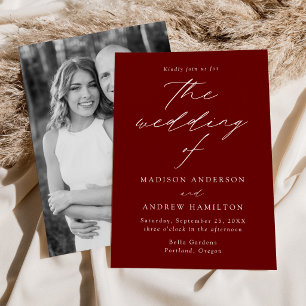 Modern Elegant Script Wine Red Photo Wedding Invitation