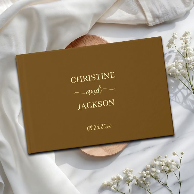Modern Elegant Script Yellow Brown Wedding Gold Guest Book (Creator Uploaded)
