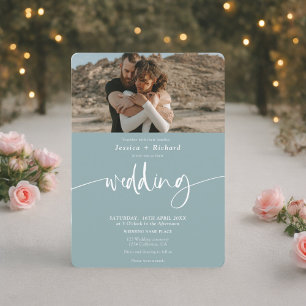Modern elegant sea blue wedding script photos invitation