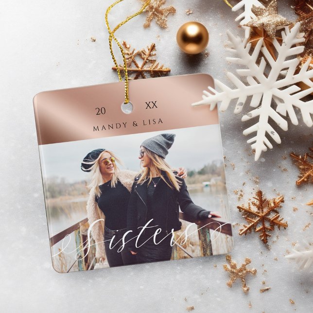 Modern & Elegant Shear Rose Gold Sister Photo Ceramic Ornament (Modern & Elegant Shear Rose Gold Sister Photo Ceramic Ornament)