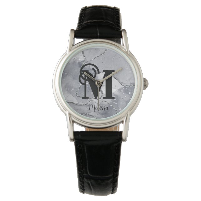 Modern Elegant Silver and Black Monogram Name Watch (Front)