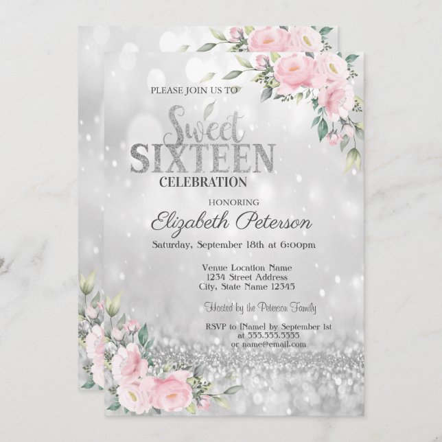 Modern Elegant Silver Bokeh Floral  Sweet 16  Invitation (Front/Back)
