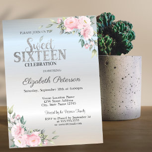 Modern Elegant Silver Bokeh Floral Sweet 16 Invitation