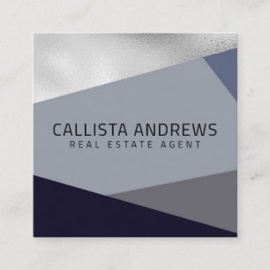 Modern Elegant Silver Dusty Navy Blue Geometric Square Business Card