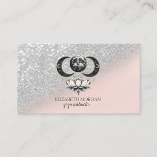 Modern Elegant Silver Glitter Bokeh Lotus Moon Business Card