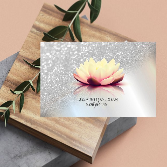 Modern Elegant  Silver Glitter Bokeh Ombre Lotus Business Card (Creator Uploaded)