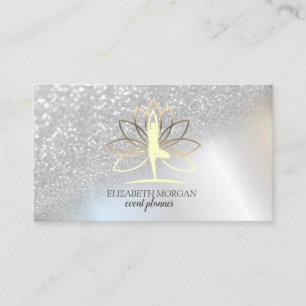 Modern Elegant  Silver Glitter Bokeh Womwn Lotus Business Card