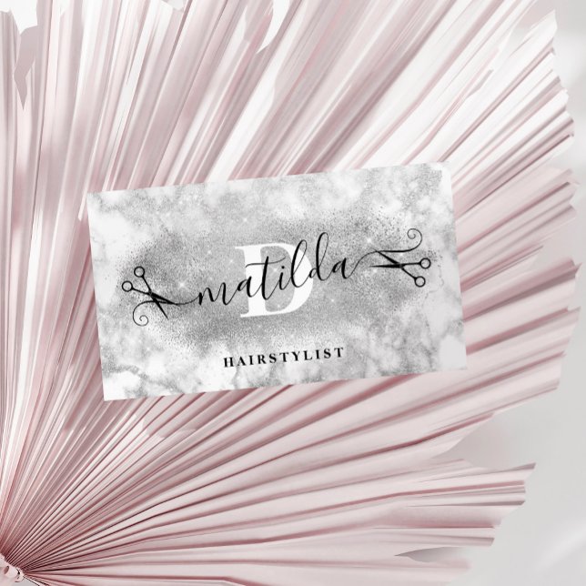 Modern elegant silver glitter marble hairstylist business card (Creator Uploaded)