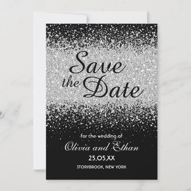 Modern Elegant Silver Glitter on Black Save The Date (Front)