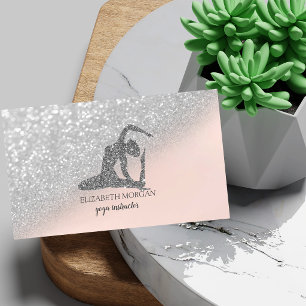 Modern Elegant Silver Glitter Yoga Girl Bokeh Business Card