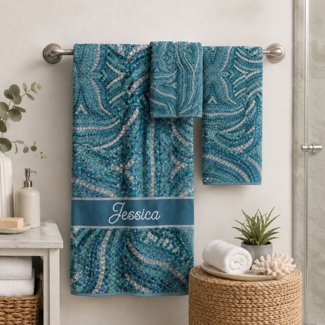 Modern Elegant Silver Grey Turquoise Blue Swirl Bath Towel Set (Modern Elegant Silver Grey Turquoise Blue Swirl Bath Towel Set)