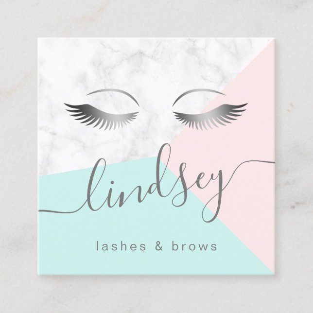 Modern elegant silver marble pink mint lashes square business card (Front)