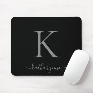 Modern Elegant Silver Monogram Script Black Mouse Pad