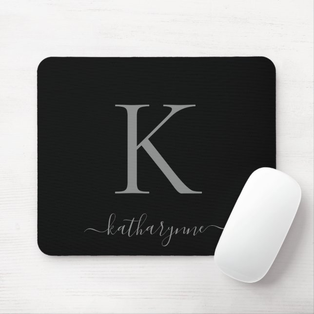 Modern Elegant Silver Monogram Script Black Mouse Pad (With Mouse)