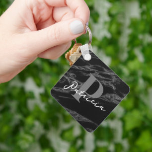 Modern Elegant Simpel Name Initial Marble Black Key Ring