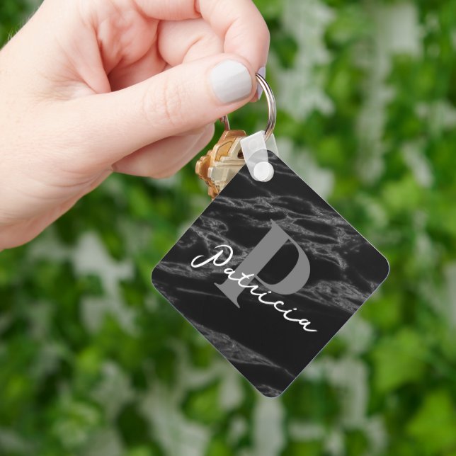 Modern Elegant Simpel Name | Initial Marble Black  Key Ring (Hand)