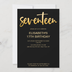 Modern Elegant Simple Black/Gold 17 Birthday Party Invitation