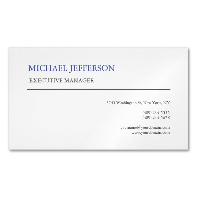 Modern Elegant Simple Blue White Magnetic Business Card (Front)