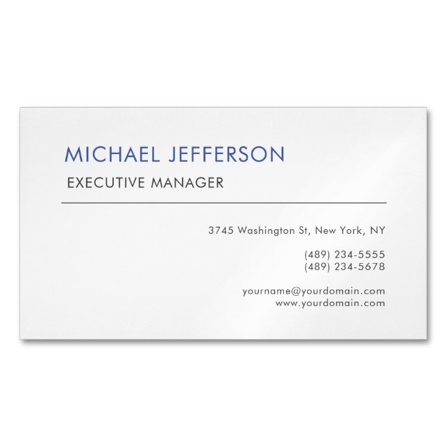 Modern Elegant Simple Blue White Magnetic Business Card (Front)