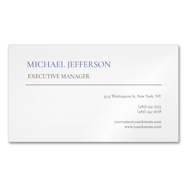Modern Elegant Simple Blue White Magnetic Business Card (Front)